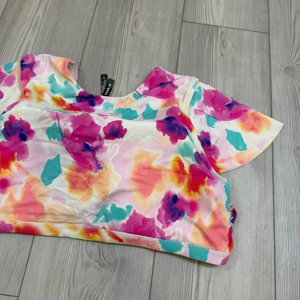 Torrid Watercolor Floral Flutter Sleeve Bikini Swim Top Pink Purple Size 3 Plus